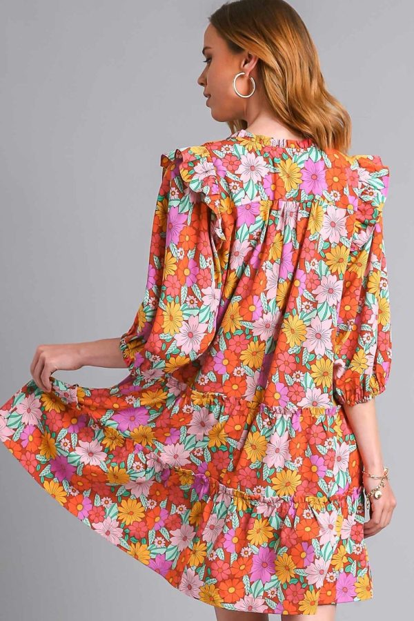 Umgee Full Size Ruffled Flower Print Tie Neck Tiered Dress Plus Size - Image 3