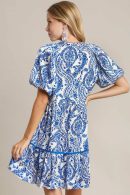 Umgee Full Size Printed Notched Puff Sleeve Mini Dress Plus Size