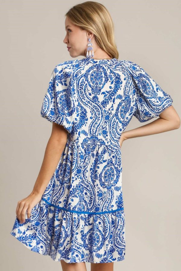 Umgee Full Size Printed Notched Puff Sleeve Mini Dress Plus Size - Image 3
