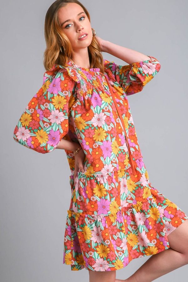 Umgee Full Size Ruffled Flower Print Tie Neck Tiered Dress Plus Size - Image 2