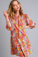 Umgee Full Size Ruffled Flower Print Tie Neck Tiered Dress Plus Size