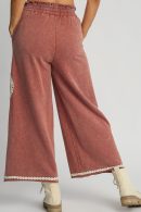 Umgee Full Size Peace Lace Applique Mineral Wash Wide Leg Pants Plus Size