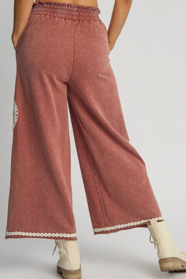 Umgee Full Size Peace Lace Applique Mineral Wash Wide Leg Pants Plus Size - Image 2