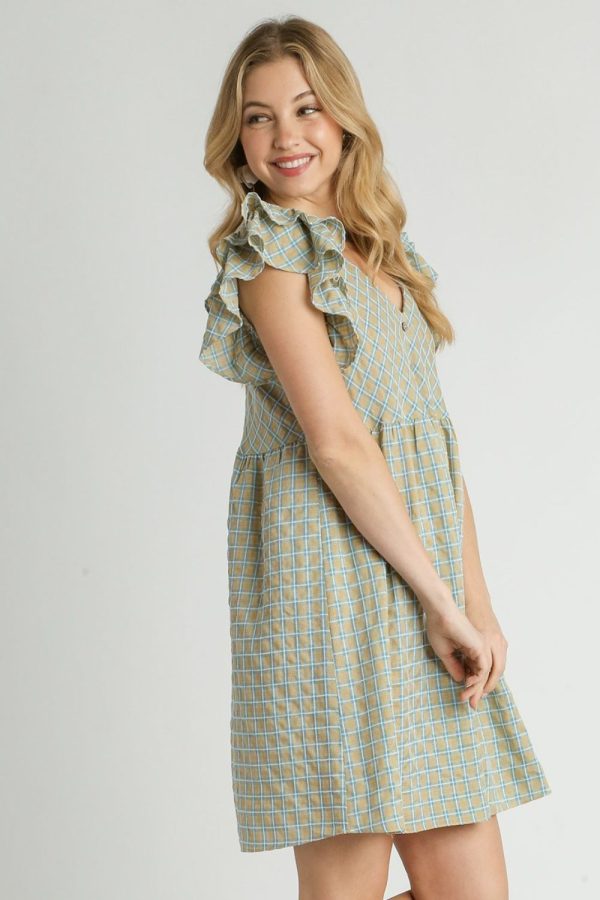 Umgee Full Size Plaid V-Neck Ruffle Cap Sleeve Dress Plus Size - Image 2