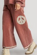 Umgee Full Size Peace Lace Applique Mineral Wash Wide Leg Pants Plus Size
