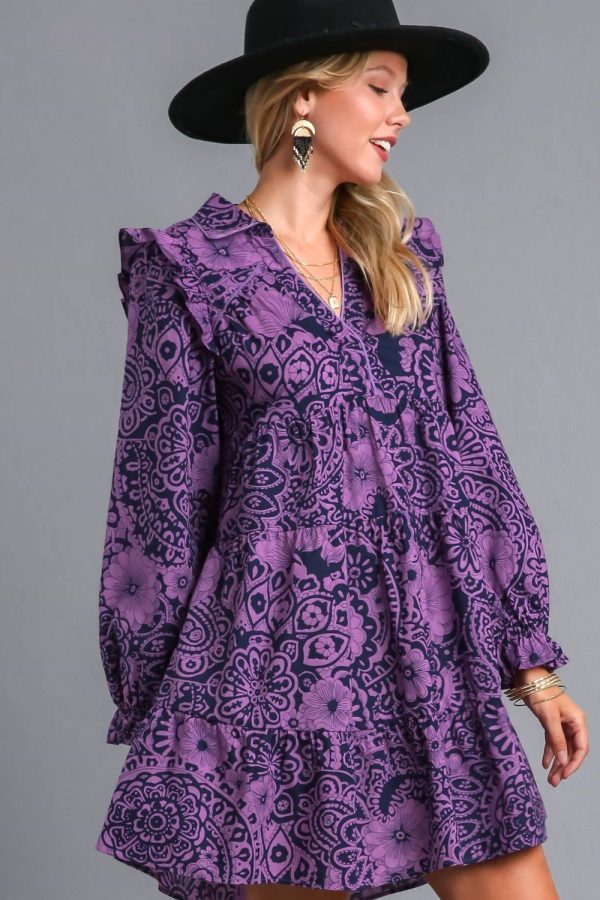 Umgee Full Size Ruffled Printed Piping Detail Long Sleeve Dress Plus Size - Image 2
