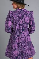 Umgee Full Size Ruffled Printed Piping Detail Long Sleeve Dress Plus Size