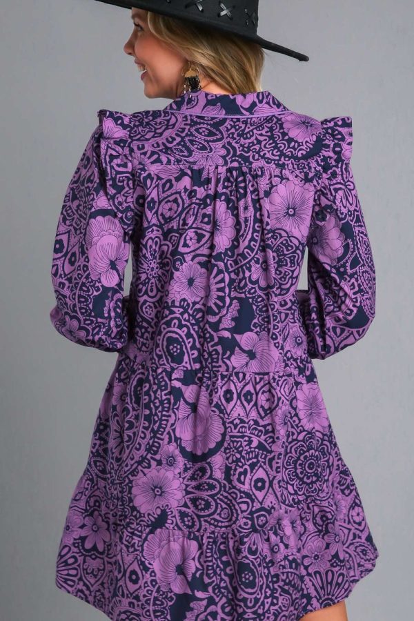 Umgee Full Size Ruffled Printed Piping Detail Long Sleeve Dress Plus Size - Image 3