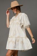 Umgee Full Size Embroidered Puff Sleeve Babydoll Dress Plus Size