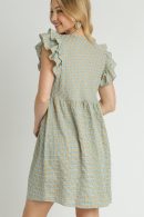 Umgee Full Size Plaid V-Neck Ruffle Cap Sleeve Dress Plus Size