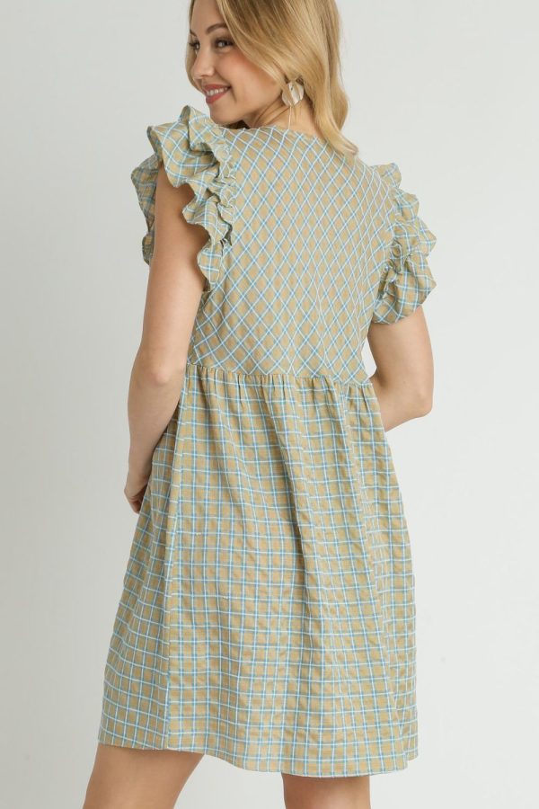 Umgee Full Size Plaid V-Neck Ruffle Cap Sleeve Dress Plus Size - Image 3