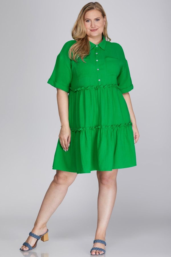 She + Sky Full Size Button Front Frill Tiered Mini Dress Plus Size - Image 3